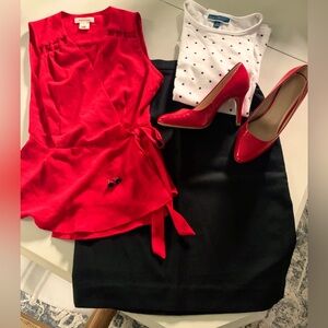 Lot Women’s Wool Skirt Red Crepe Black & White Top NEW Red Heels Size M/6/8 EUC